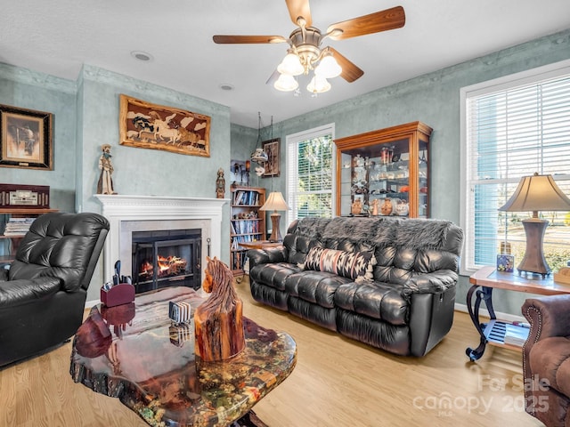 living room featuring wood-type flooring and ceiling fan