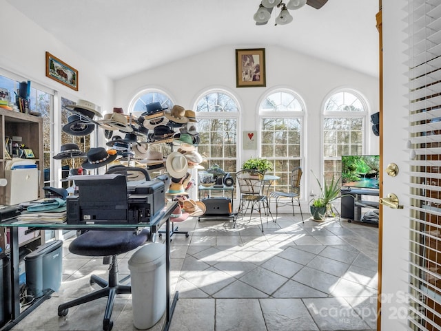 office space featuring ceiling fan and vaulted ceiling