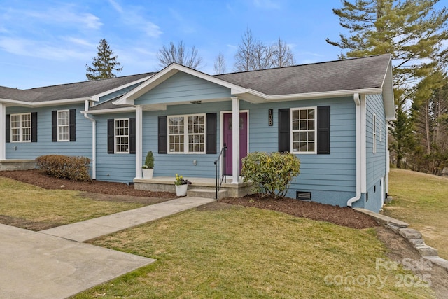 single story home featuring a shingled roof, a front yard, and crawl space