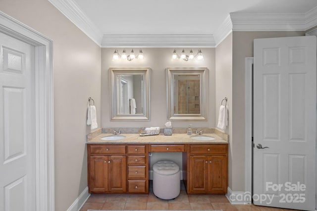 full bath featuring crown molding, a sink, and double vanity