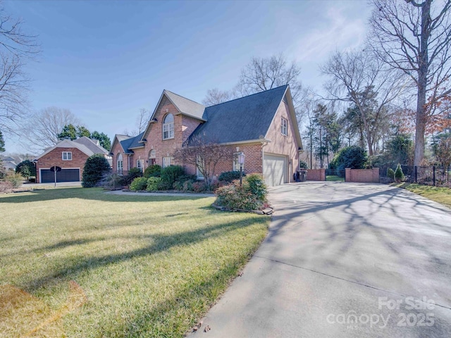 view of property exterior featuring a garage and a yard