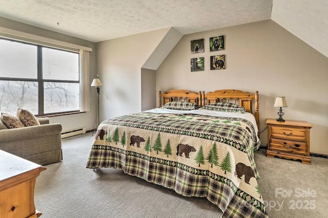 carpeted bedroom with a baseboard heating unit, vaulted ceiling, and a textured ceiling