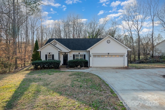 single story home with a garage and a front yard