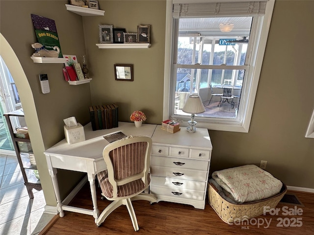 home office featuring dark hardwood / wood-style flooring