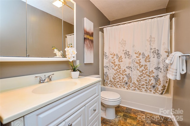 full bathroom featuring vanity, shower / tub combo, a textured ceiling, and toilet