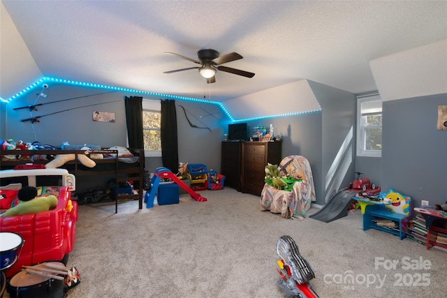 rec room with vaulted ceiling, plenty of natural light, carpet, and a textured ceiling