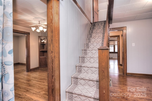 stairs with hardwood / wood-style flooring, wooden walls, and ceiling fan