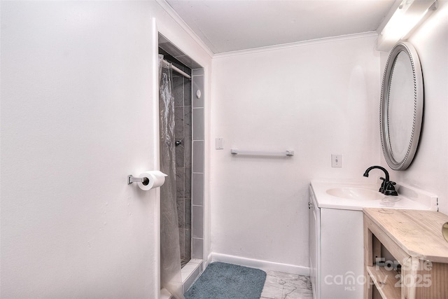 bathroom with tiled shower, ornamental molding, and vanity