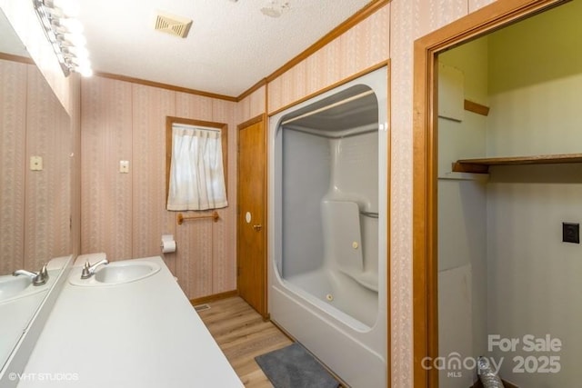 bathroom featuring vanity, crown molding, wood-type flooring, and a textured ceiling