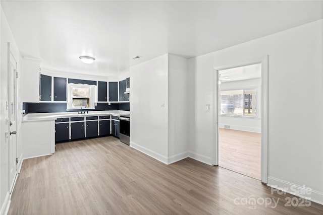 kitchen with sink, stainless steel electric stove, and hardwood / wood-style floors