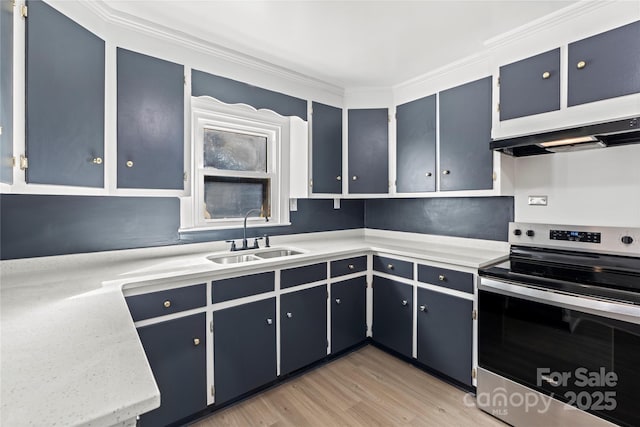 kitchen with range hood, sink, light hardwood / wood-style floors, and stainless steel electric range