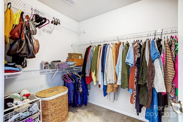 spacious closet with visible vents and carpet flooring