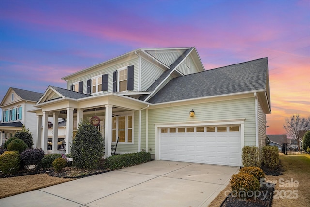 view of property featuring a garage and a porch