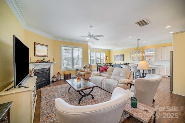 living room featuring dark wood-type flooring, ceiling fan, and crown molding