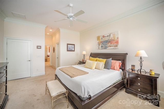 carpeted bedroom featuring crown molding and ceiling fan