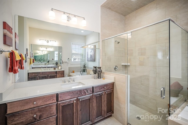 bathroom with vanity and plus walk in shower