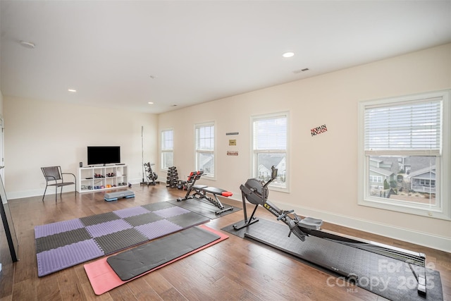 workout room with hardwood / wood-style floors