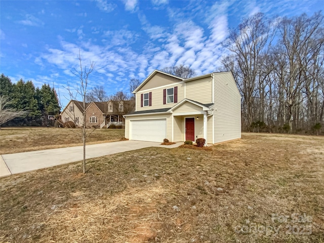 front facade featuring a garage and a front yard