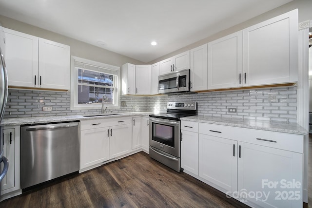 kitchen featuring appliances with stainless steel finishes, a sink, dark wood finished floors, and light stone countertops