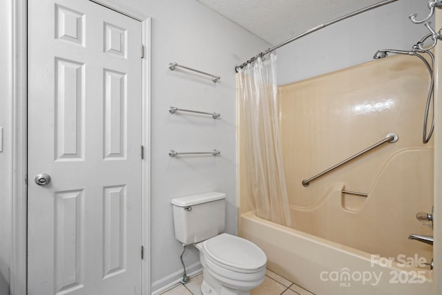 505 Victory Trl, Morganton, NC 28655 - bathroom with baseboards, tile patterned flooring, a textured ceiling, toilet, and shower / bathtub combination with curtain