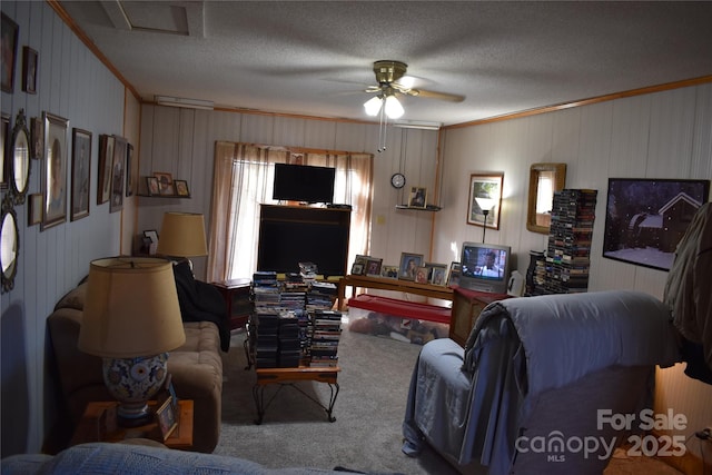 carpeted living room featuring ceiling fan, ornamental molding, and a textured ceiling