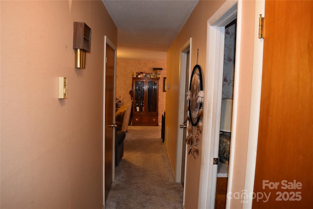 hallway featuring carpet and a textured ceiling