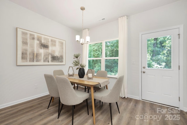 dining room featuring wood-type flooring, a chandelier, and a wealth of natural light