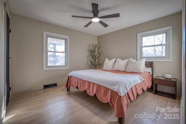 bedroom with ceiling fan and light hardwood / wood-style floors