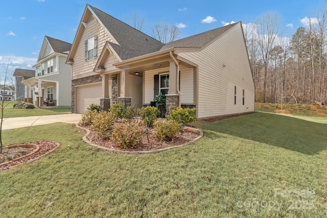 view of side of home featuring a garage, a lawn, and a porch