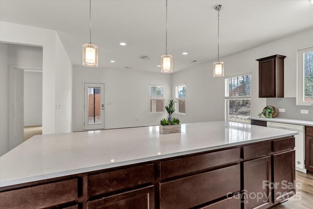 kitchen featuring light hardwood / wood-style flooring, dark brown cabinetry, and decorative light fixtures