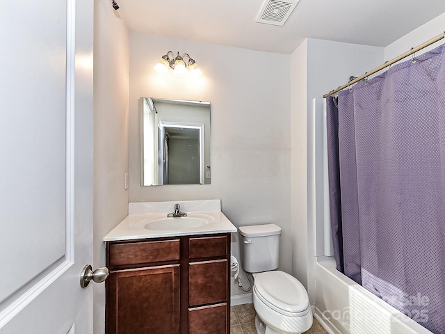 full bathroom featuring vanity, shower / bath combo, and toilet