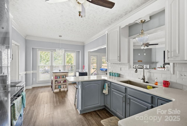 kitchen with gray cabinets, sink, dark hardwood / wood-style flooring, kitchen peninsula, and crown molding