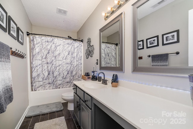 full bathroom with vanity, a textured ceiling, toilet, and shower / bathtub combination with curtain