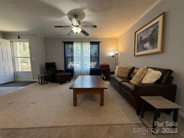 carpeted living room featuring ornamental molding, ceiling fan, and a textured ceiling