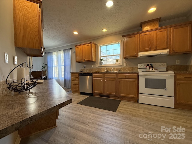 kitchen with ornamental molding, white electric stove, light hardwood / wood-style floors, and dishwasher