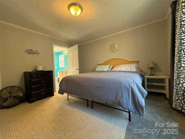 carpeted bedroom with crown molding and a textured ceiling