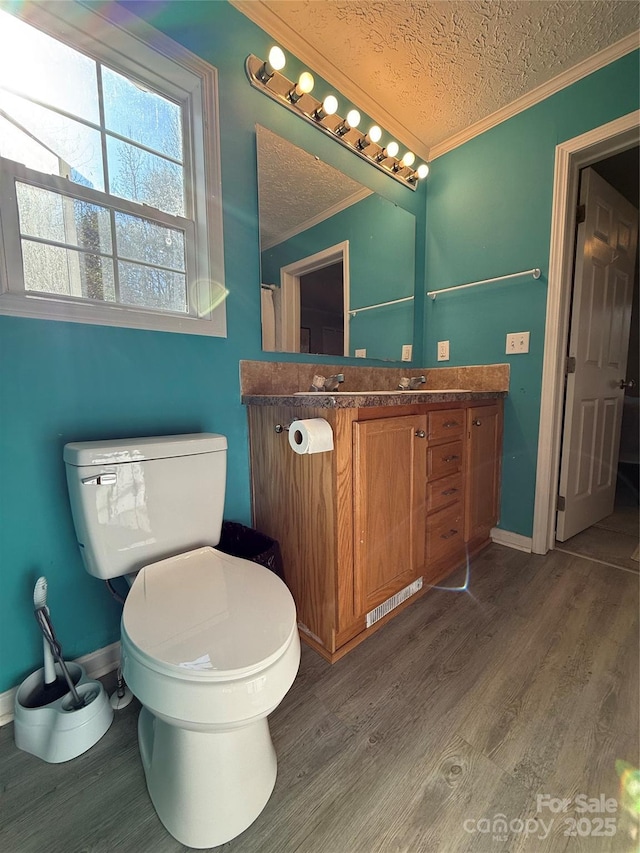 bathroom with crown molding, hardwood / wood-style floors, vanity, and a textured ceiling