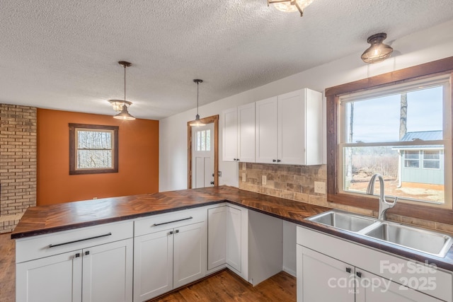 kitchen featuring sink, wooden counters, hanging light fixtures, white cabinets, and decorative backsplash