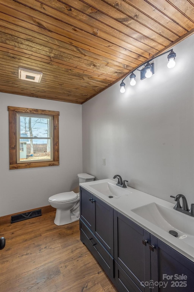 bathroom with vanity, hardwood / wood-style flooring, wooden ceiling, and toilet