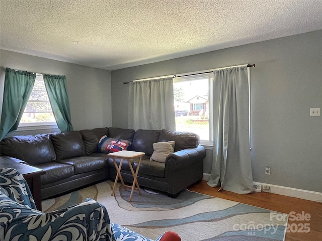 living room with plenty of natural light, hardwood / wood-style floors, and a textured ceiling