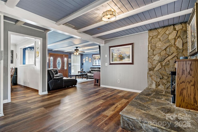 foyer entrance with beamed ceiling, ceiling fan, dark hardwood / wood-style floors, and wooden ceiling