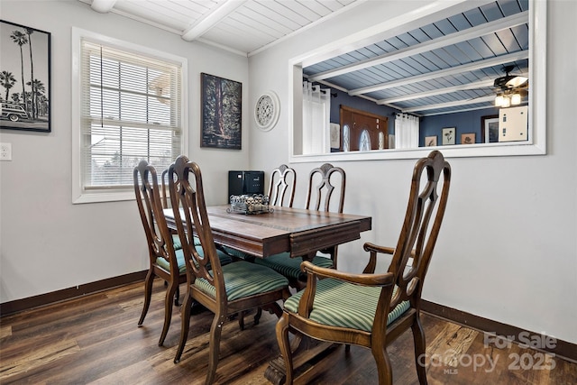 dining space featuring beamed ceiling, dark wood-type flooring, and wood ceiling