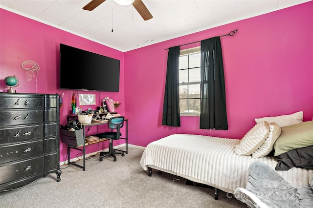 bedroom with ceiling fan and carpet floors