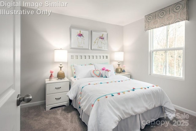 bedroom with dark colored carpet