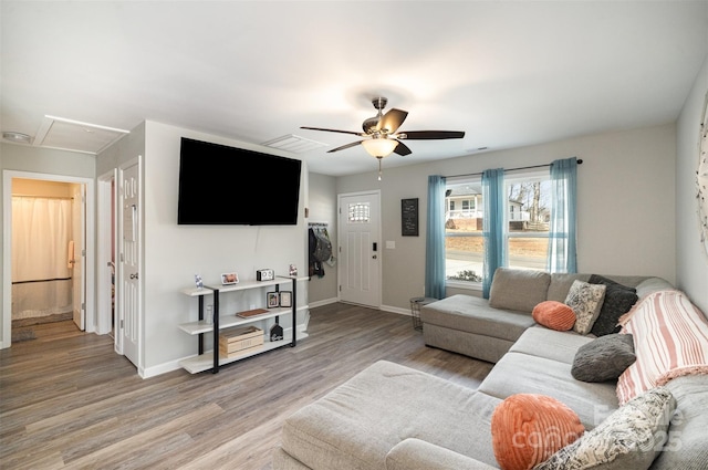 living room featuring ceiling fan and light wood-type flooring