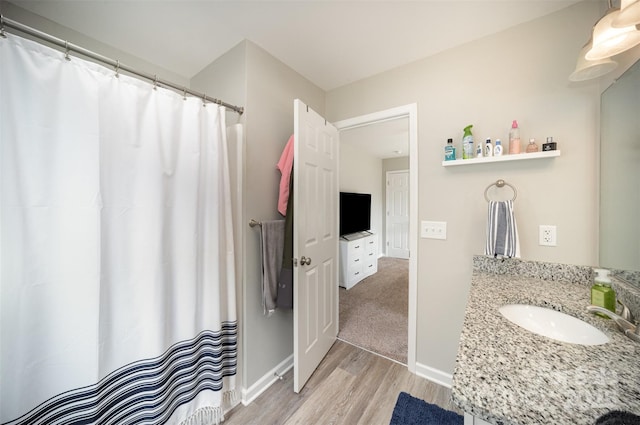 bathroom with vanity and wood-type flooring