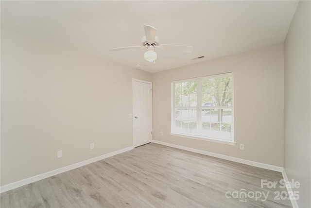 unfurnished room with light hardwood / wood-style floors and ceiling fan