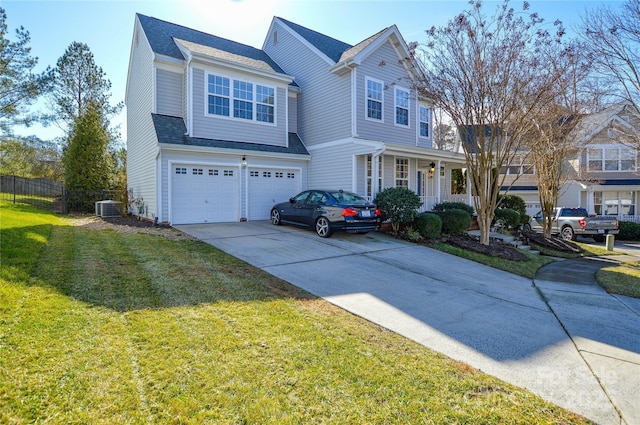 view of front of house featuring a porch, a garage, a front lawn, and central air condition unit