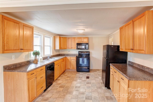 kitchen featuring ornamental molding, sink, light brown cabinetry, and black appliances