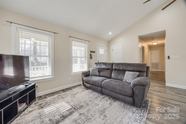 living room featuring wood-type flooring and high vaulted ceiling